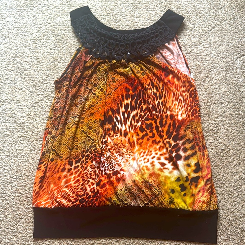 Black and Orange Sleeveless Blouse (Size: Large)